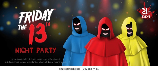 3D Friday the 13th horror party banner with group of three scary figure in hooded cloaks in the dark background for Halloween night club invitation card, Birthday event, Zombie poster template. Vector