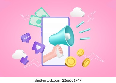 3d friend earn, invite refer. Share or announce money offer in social media, hand hold megaphone, people recommends. Smartphone screen with icons. Banner template vector isolated concept