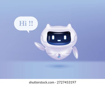 3D friendly chatbot from smartphone with speech bubbles, symbolizing AI communication and virtual support. Concept of AI and machine learning. 3D Rendering. Vector illustration