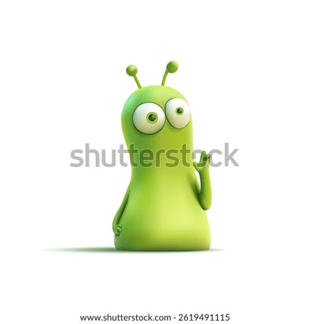 3D friendly green monster character, alien on white background. For concepts of fiction, viruses, and extraterrestrial life. Childhood, toy, icon. Vector illustration.