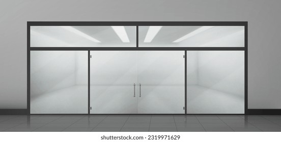 3d front glass window and door in store mockup. Realistic empty office or storefront showroom boutique building facade with light from lamp. Vitrine with reflection in supermarket illustration