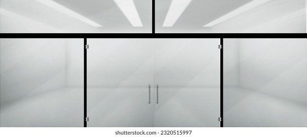 3d front glass window and door in store mockup. Realistic empty office or storefront showroom boutique building facade with light from lamp. Vitrine with reflection in supermarket illustration