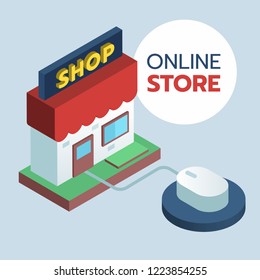 3D Front shop connect with mouse, online shopping concept, e commerce icon. Vector illustration

