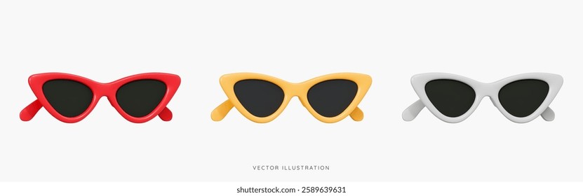 3D Front view cat eye sunglasses in red, yellow and silver icon set. Summer time object. Fashion glasses for women. Travel accessory. Cartoon design icons isolated on white. 3D Vector illustration