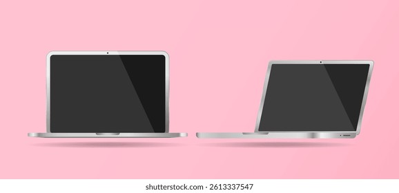 3D Front View SIlver Laptop Mockup Template with Blank Screen