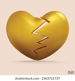 3D front views black broken heart isolated in background. Golden heartbreak. Relationship breakup problem, Disappointed in love concept. 3D vector illustration.