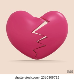 3D front views pink broken heart isolated in background. Red heartbreak. Relationship breakup problem, Disappointed in love concept. 3D vector illustration.