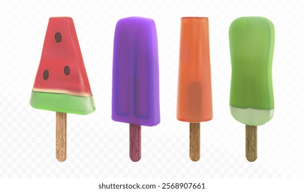 3d frozen treats in form of watermelon slice, purple popsicle, red ice pop and green cream bar. Cold colorful desserts on wooden sticks with realistic textures and translucent effects. Summer sweets.