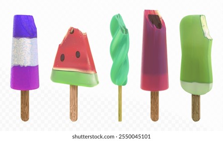 Golosinas congeladas en 3D en palos de madera: paletas en capas, helado en forma de sandía, postre verde retorcido, delicadeza roja y delicia fría bicolor. Postres de repostería refrescantes de verano.