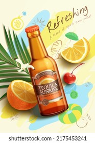 3d fruit beer or tequila sunrise ad template. Top view of brown glass bottle with palm leaf, cut oranges and colorful beach doodles. Concept of summer party.