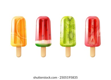 Paletas de fruta 3D. Barras de helado realistas, frutas de paletas sandía kiwi naranja jugo congelado coloridos sabores de helado de palo de helado, renderizar la Ilustración vectorial exacta Obra de arte original