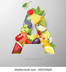 3d fruit vector letter A. Realistic shadows. Paper art. 