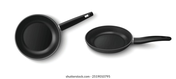 3D frigideira conjunto isolado no fundo branco. Ilustração realista de vetor de utensílio de cozinha preta mockup com superfície antiaderente limpa e alça de plástico, utensílios de cozinha para casa ou restaurante