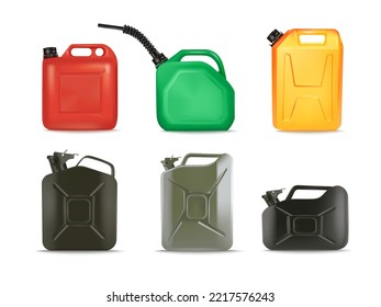 3d Fuel Cans. Oil Jerrycan Gasoline Plastic Canister Ethanol Tank Liquid Gas Tank Petrol Gallon Diesel Red Can Container Flammable Automobile Fuelin Bottle Vector Illustration Of Container To Fuel