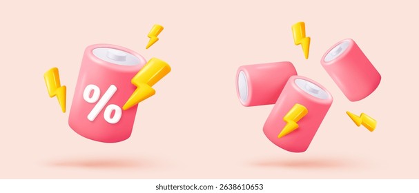 3d full battery status isolated on pink background. Level battery energy power, sign charge indicator lightning for power fuel concept. 3d solar cell icon vector render illustration