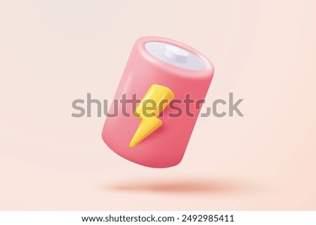 3d full battery status isolated on pink background. Level battery energy power, sign charge indicator lightning for power fuel concept. 3d solar cell icon vector render illustration