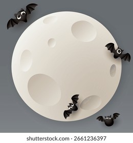 3D full moon and freaky bats in Halloween night sky square background graphic illustration have.