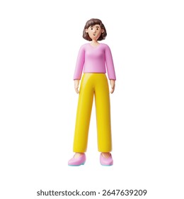 3D figura feminina de comprimento total, morena com cabelo curto encaracolado em um peito, camisa rosa e calças amarelas. Personagem sorridente bonito. Ilustração de desenho animado vetorial. Plano de fundo isolado. Ícone. Renderização.