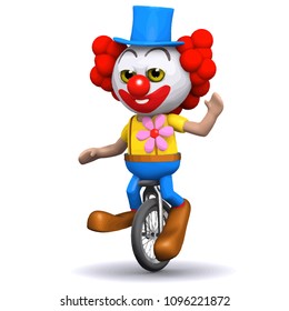 3d Funny  cartoon clown character riding a unicycle
