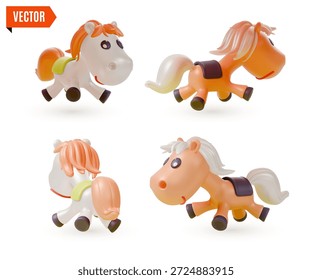 Estilo lindo divertido del diseño de la historieta del concepto de la diversión de los caballos 3d aislado en un fondo blanco. Ilustración vectorial