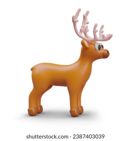 3D funny deer with horns. Color image in plasticine style. Christmas character. Image on white background. Santas helper. Template for positive winter design, decoration