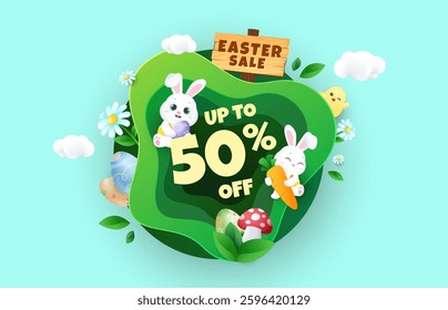 3d funny Easter design with cute rabbits, eggs, flowers in abstract green shape background. Vector illustration template eps 10.
