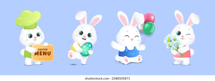 3d funny easter rabbit cartoon character set with poses like holding menu board, egg, balloons and flowers. Vector illustration character template.