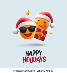 3D funny emojis in Christmas hats, gift box, stars. Happy holidays. Banner for Merry Christmas and New Year celebration concepts. Vector