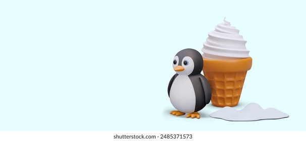 3D lustiger Pinguin in der Nähe von Milcheis in Waffeltüte. Farbkonzept des kalten beliebten Desserts