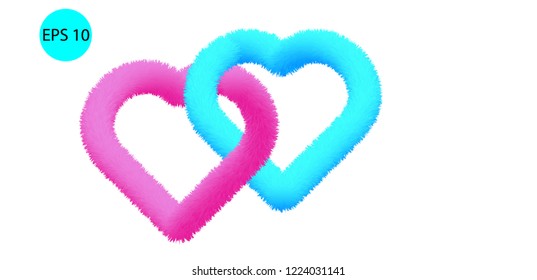 3D Fur Effect Pink Heart and Turquoise Heart Vectors