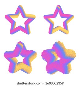 3d furry shapes of stars with bright liquid gradient colors. Decorative elements isolated on the white background. Colorful vector illustrations with fluid gradients.