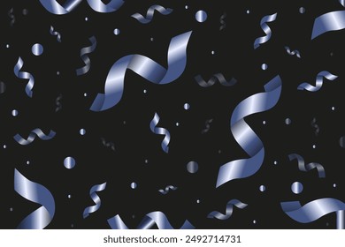 3D future dusk color Confetti background. Luxury metallic ribbon isolated black backdrop. 3D Celebrate vector aesthetic for social media and web. EPS 10