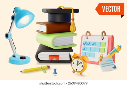 3d Future Student Webinar Concept Background Cartoon Design Style Graduation Cap on Top of Pile of Books,Alarm Clock and Personal Plan. Vector illustration