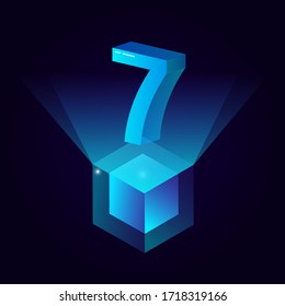 3d Futuristic Aqua Blue Solid Number Vector On Light Cube Platform, Shiny Digital Isometric Count Illustration & Spotlight Shimmer Transparent Square Stage, Technology Typography Number Seven 7 Symbol