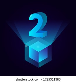 3d futuristic aqua blue solid number vector on light cube platform, shiny digital isometric count illustration & spotlight shimmer transparent square stage, technology typography number two 2 symbol