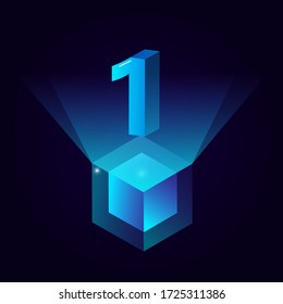 3d futuristic aqua blue solid number vector on light cube platform, shiny digital isometric count illustration & spotlight shimmer transparent square stage, technology typography number one 1 symbol