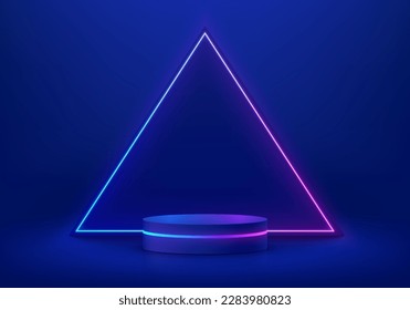 3D futuristic background with realistic dark blue cylinder podium. Neon lines in triangle shape wall scene. Minimal mockup product display. Abstract geometric stage for showcase. 3D vector rendering.