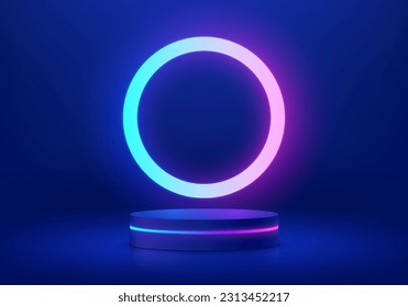 3D futuristic background realistic dark blue cylinder podium with glowing neon lines ring scene. Wall minimal mockup product display. Abstract geometric platforms. Stage showcase. 3D Vector rendering.