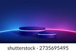 3D futuristic background realistic neon 2 cylinder podium with glowing neon lines. Abstract empty 3d stage with neon glowing round frame. Luxury product presentation.