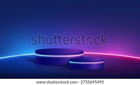 3D futuristic background realistic neon 2 cylinder podium with glowing neon lines. Abstract empty 3d stage with neon glowing round frame. Luxury product presentation.