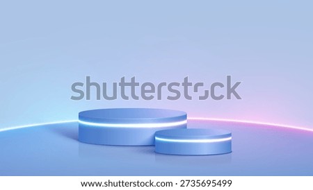3D futuristic background realistic neon 2 cylinder podium with glowing neon lines. Abstract empty 3d stage with neon glowing round frame. Luxury product presentation.