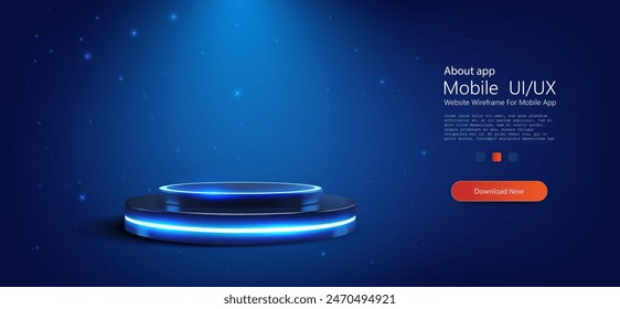 3D  futuristic blue pedestal with neon lighting on a dark blue background. The pedestal can be used for product display, technology showcase, or as a modern design element in digital projects. Vector