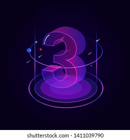 3d futuristic blue purple line number vector on dark background, shiny isometric count down illustration with shimmer, digital design for web e-commerce sales promotion, typography of three 3 symbol