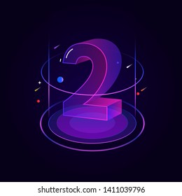 3d futuristic blue purple line number vector on dark background, shiny isometric count down illustration with shimmer, digital design for web e-commerce sales promotion, typography of two 2 symbol