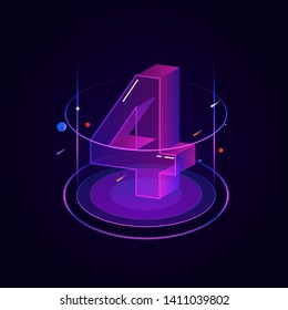 3d futuristic blue purple line number vector on dark background, shiny isometric count down illustration with shimmer, digital design for web e-commerce sales promotion, typography of four 4 symbol