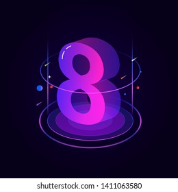 3d futuristic blue purple solid number vector on dark background, shiny isometric count down illustration with shimmer, digital design for web e-commerce sales promotion, typography of eight 8 symbol