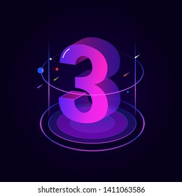 3d futuristic blue purple solid number vector on dark background, shiny isometric count down illustration with shimmer, digital design for web e-commerce sales promotion, typography of three 3 symbol