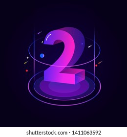 3d futuristic blue purple solid number vector on dark background, shiny isometric count down illustration with shimmer, digital design for web e-commerce sales promotion, typography of two 2 symbol