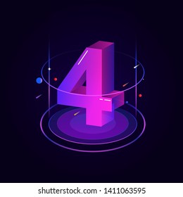 3d Futuristic Blue Purple Solid Number Vector On Dark Background, Shiny Isometric Count Down Illustration With Shimmer, Digital Design For Web E-commerce Sales Promotion, Typography Of Four 4 Symbol