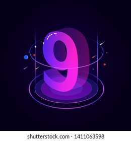 3d futuristic blue purple solid number vector on dark background, shiny isometric count down illustration with shimmer, digital design for web e-commerce sales promotion, typography of nine 9 symbol